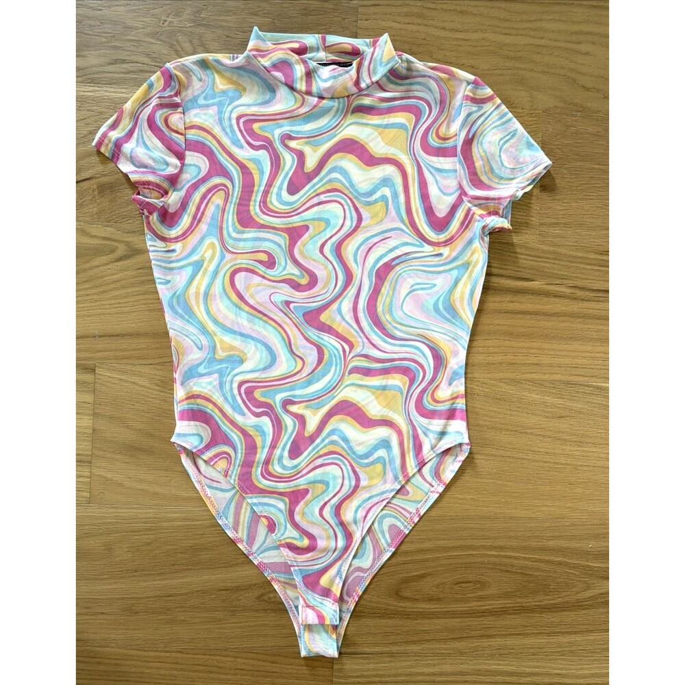 Vtg Psychedelic Hippie Funky Disco Micro Mesh Sheer Bodysuit M Mock Neck USA
